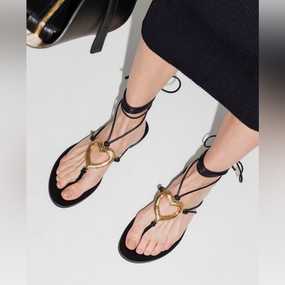 Saint Laurent Black Sandals with Gold Heart Accents